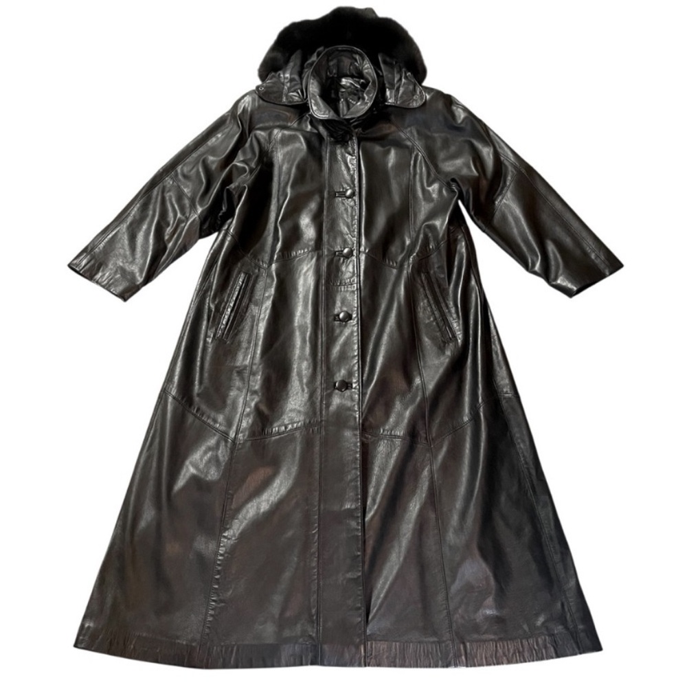 MOB WIFE VIBES - Vintage Western Furs Long Black Leather Coat w/ Fur Hood XL